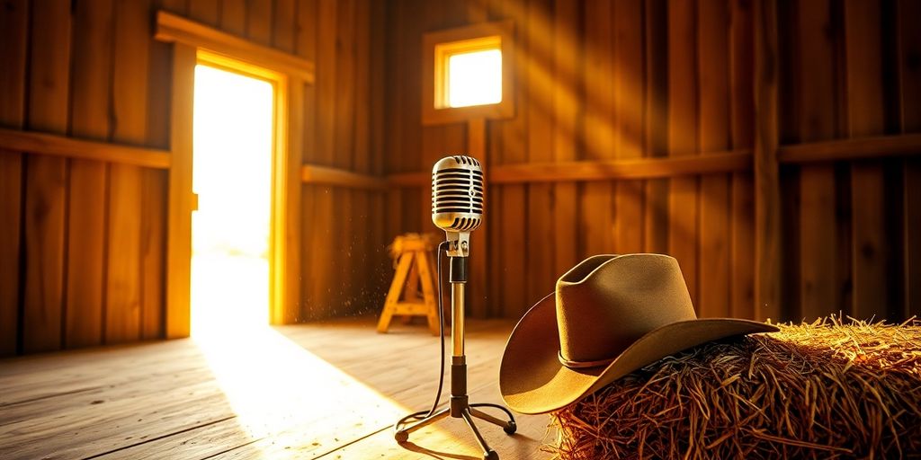 Vintage microphone and cowboy hat in sunlit rustic barn.
