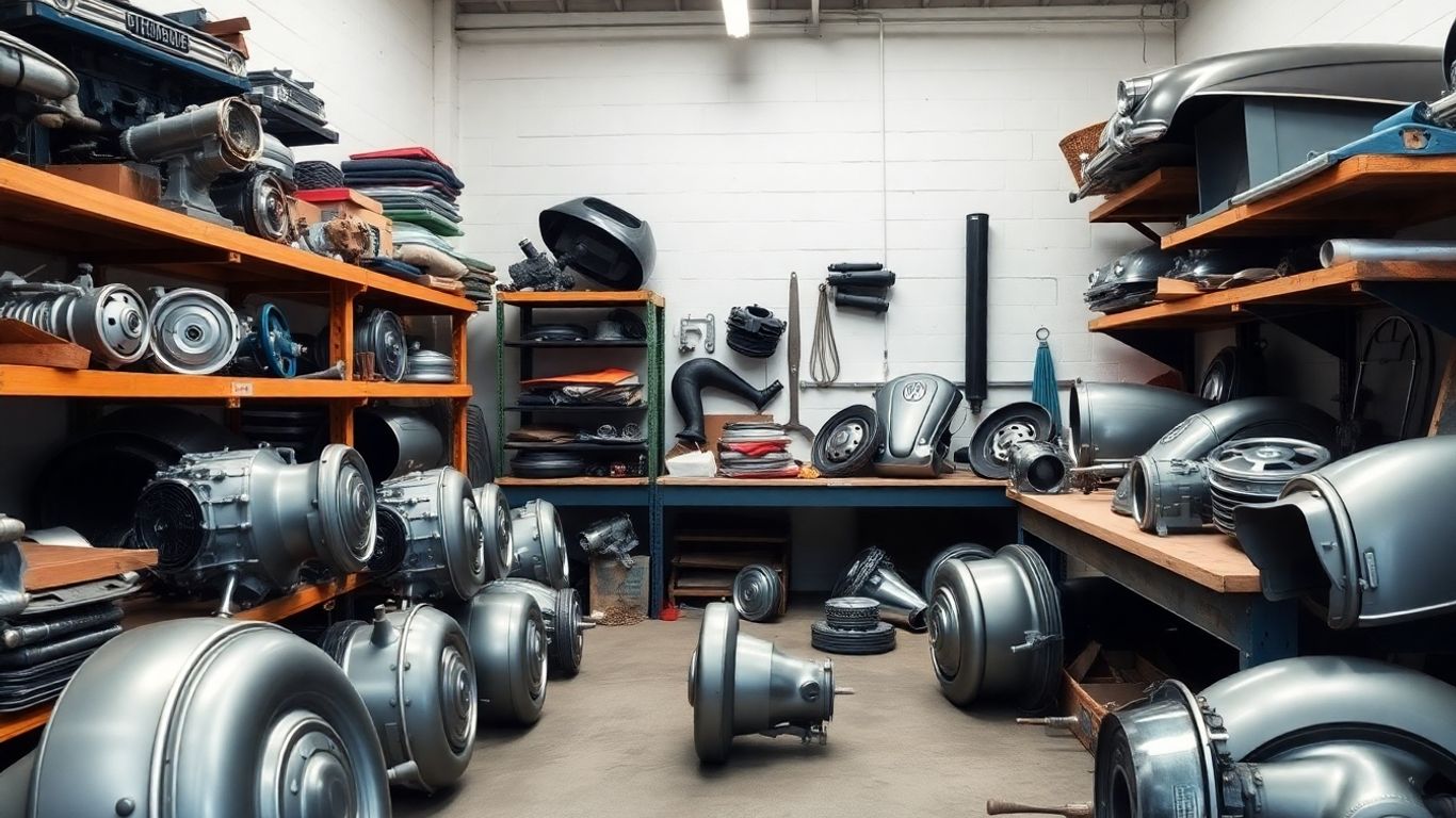 Assortment of clean Volkswagen car parts in a workshop.