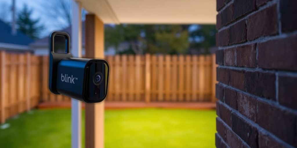 Blink Outdoor camera on brick wall in backyard