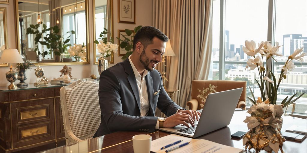 Luxurious home office with an individual and laptop.