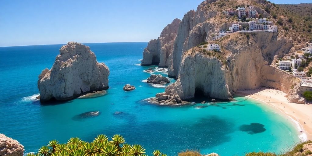 Playa de Cabo San Lucas con formaciones rocosas y aguas turquesas.