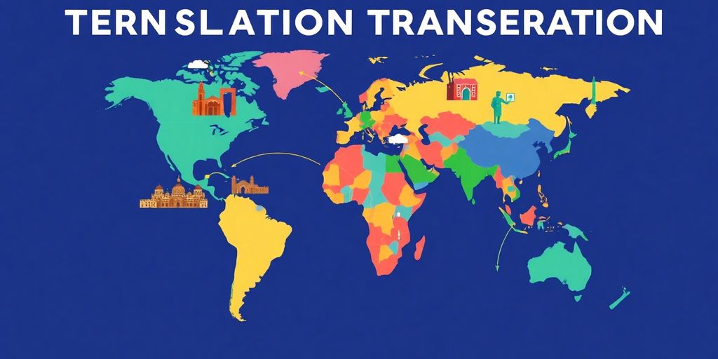 Global map with cultural symbols and interconnected arrows.