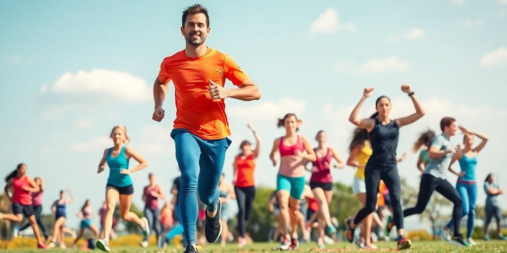 Diverse people exercising outdoors in various fitness activities.
