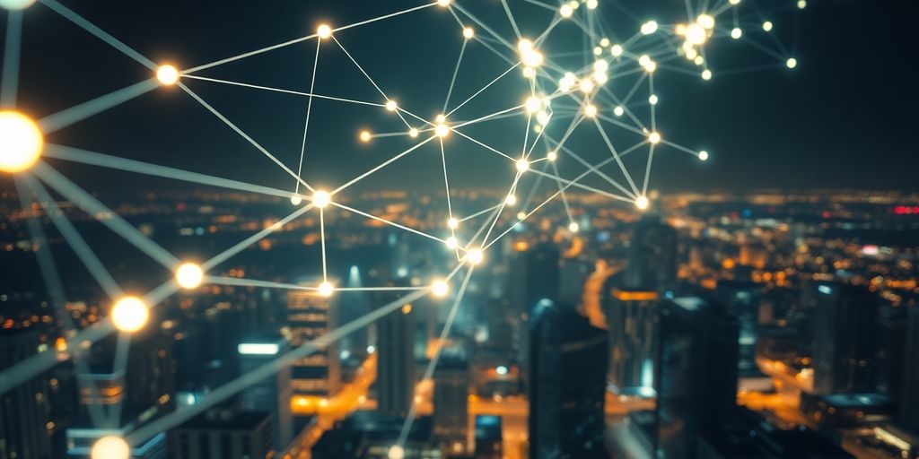 Glowing digital network over city lights