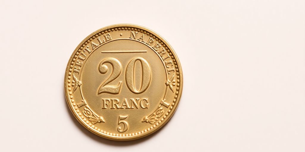 Un Napoléon d'or scintillant sur un fond uni.