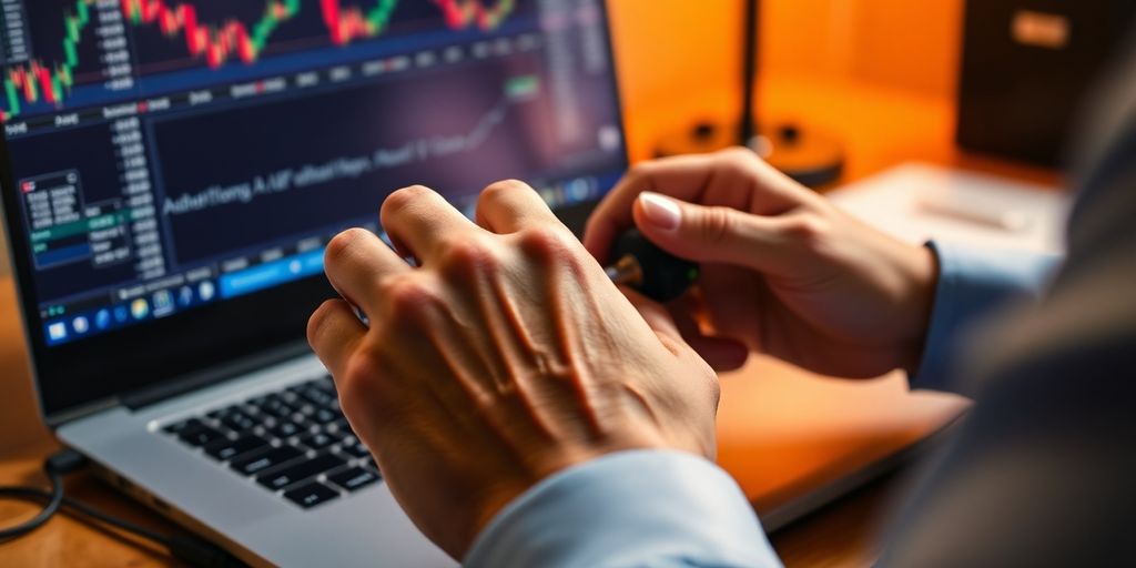 Trader adjusting financial instruments in a vibrant workspace.