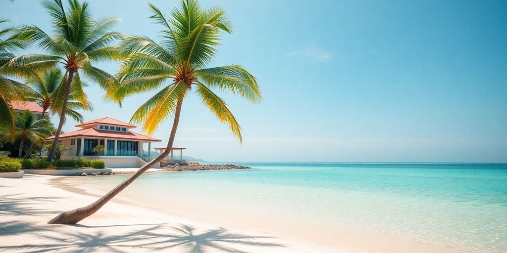 Beach view in Phuket with palm trees and villas.