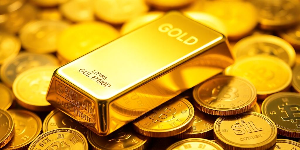 Une barre d'or posée sur des pièces d'or.