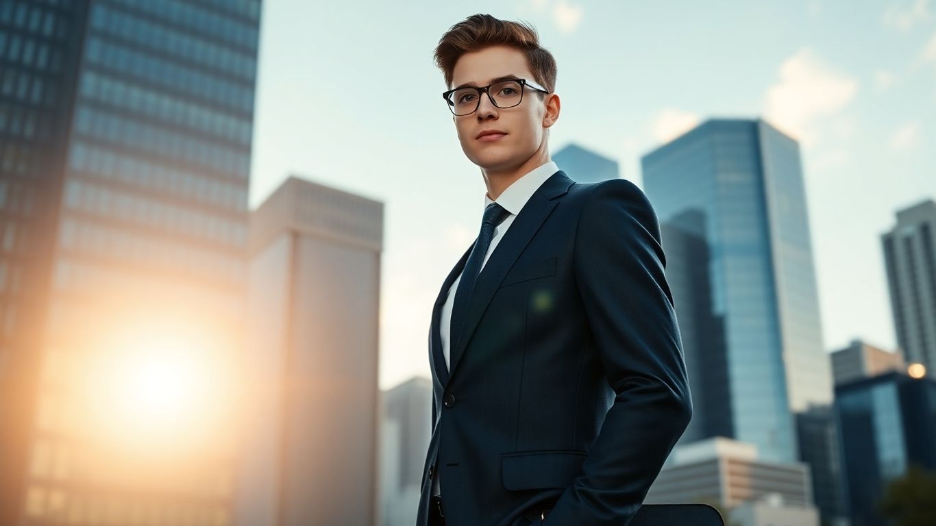 Young professional in suit with briefcase, city skyline background.