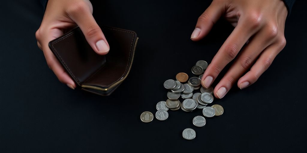 Distressed person, empty wallet, scattered coins.