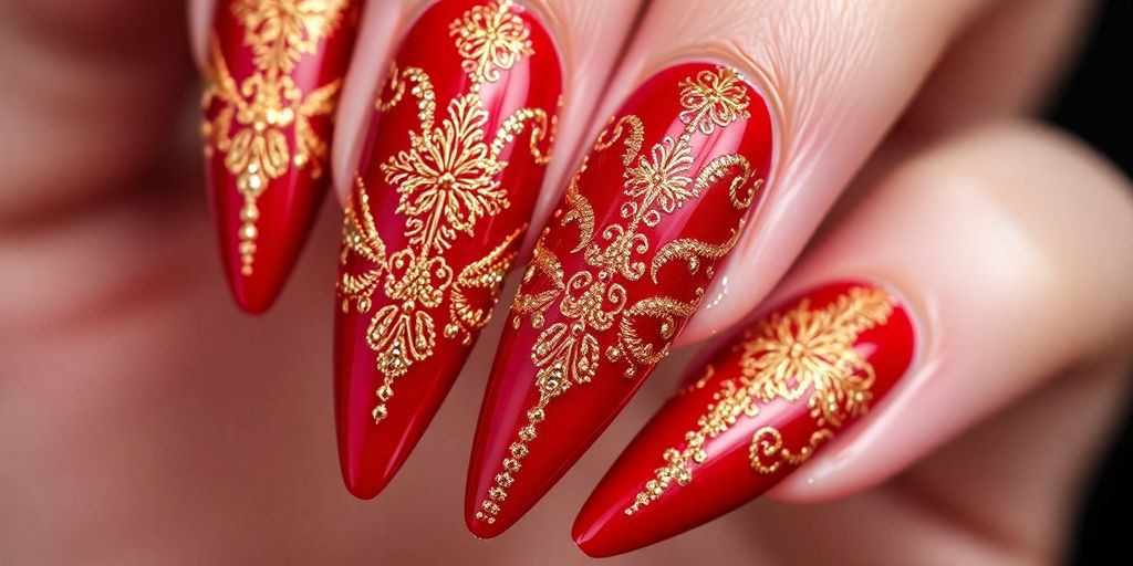 Unhas vermelhas longas com glitter dourado e detalhes.