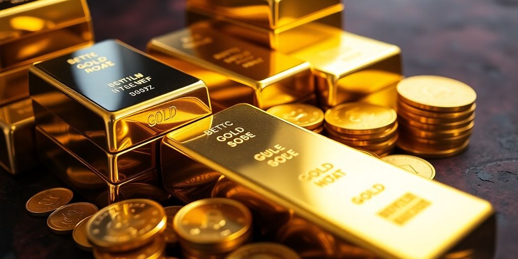 Lingots d'or brillants et pièces d'or empilées.
