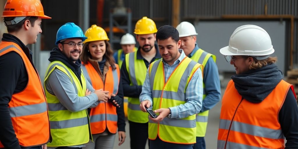 Workers in safety gear collaborating on a project.