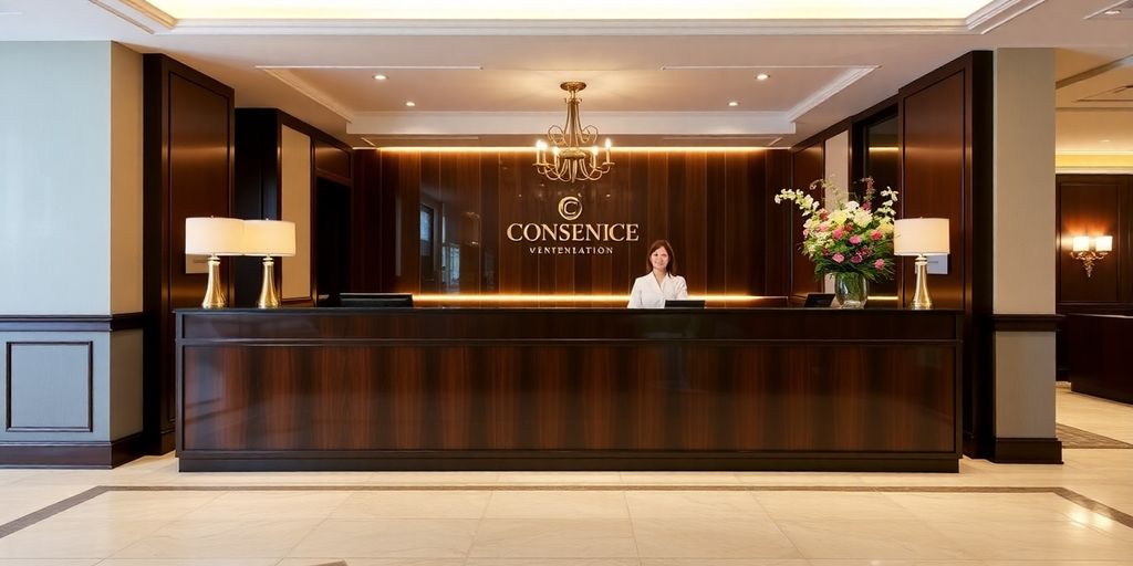 Bureau de conciergerie dans une propriété haut de gamme avec des fleurs.