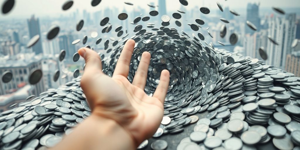 Dérèglement financier asiatique, piles de pièces d'argent, main humaine
