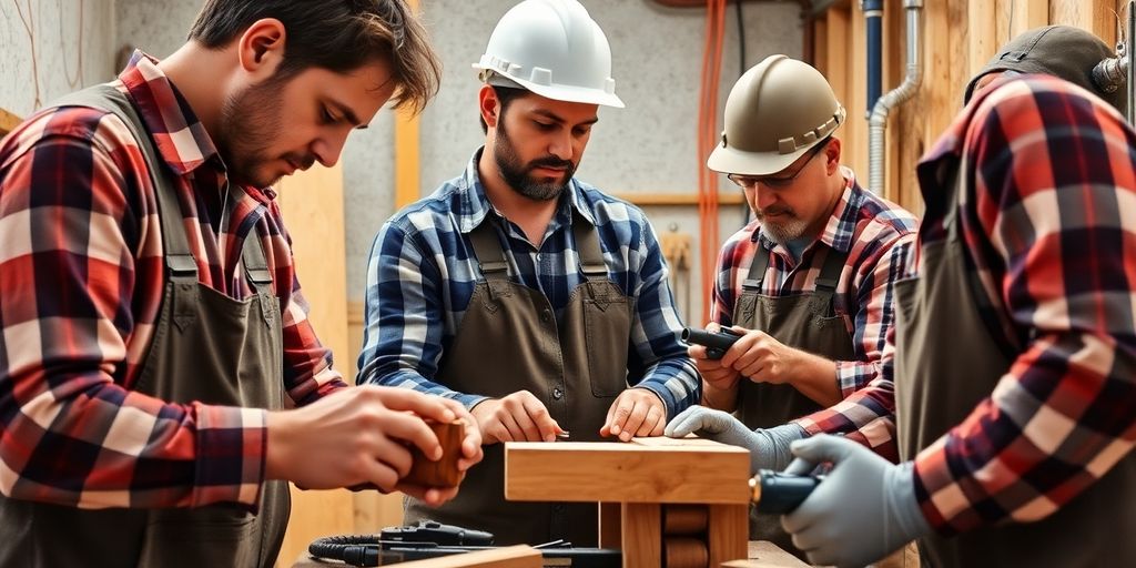 Skilled tradespeople at work in various crafts.