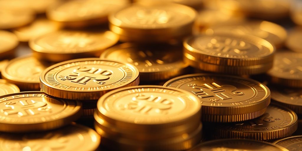 Pièces d'or brillantes empilées sur un fond flou.