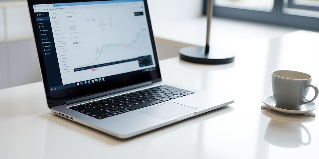 A laptop and coffee cup on a modern desk.