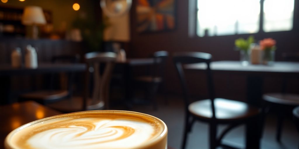 Coffee shop interior, cozy, warm, inviting ambiance