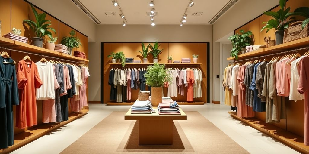 Nachhaltige Mode von H&M in einem hellen Geschäft.