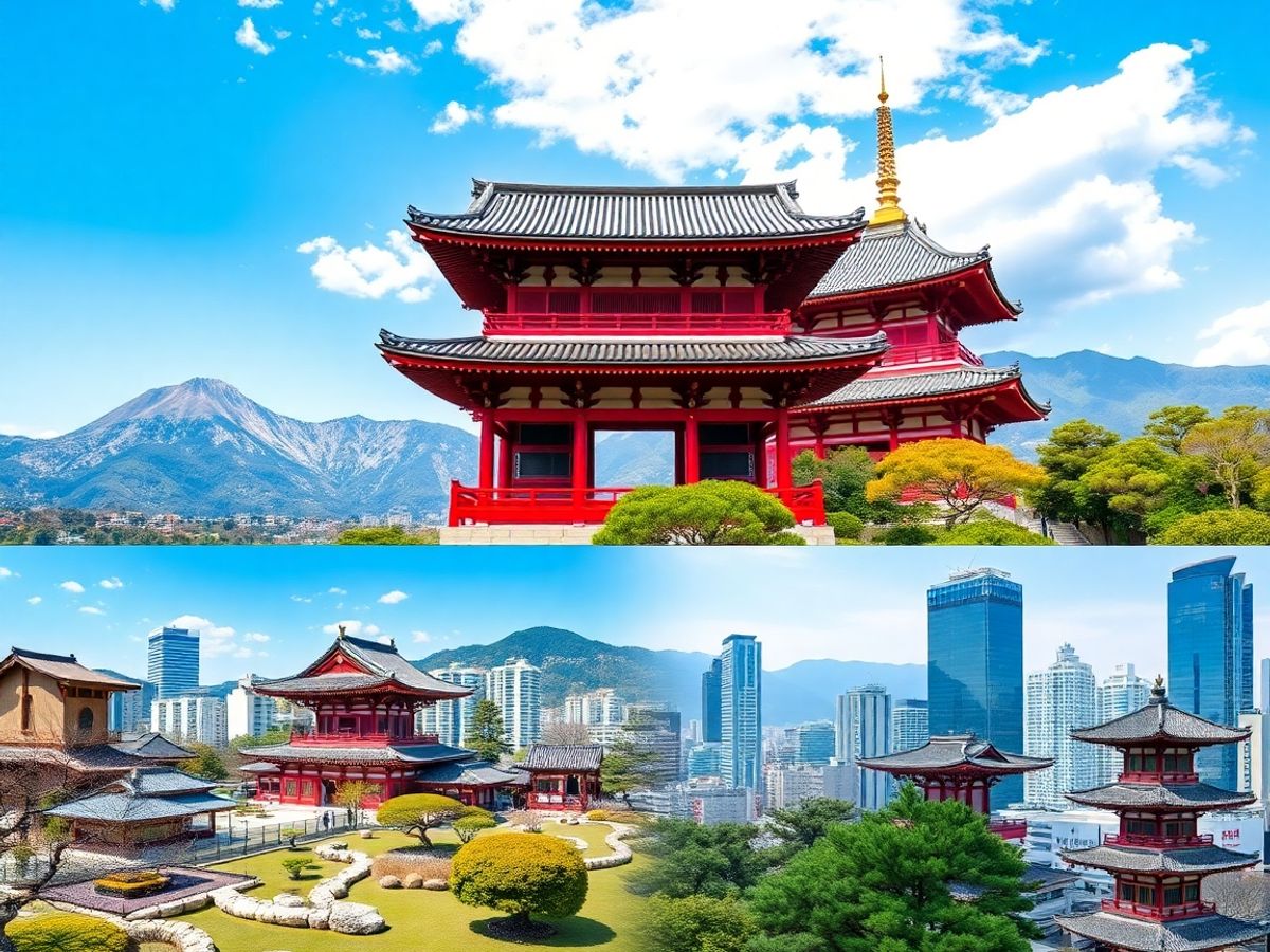Templu japonez cu grădină zen și zgârie-nori coreeni.