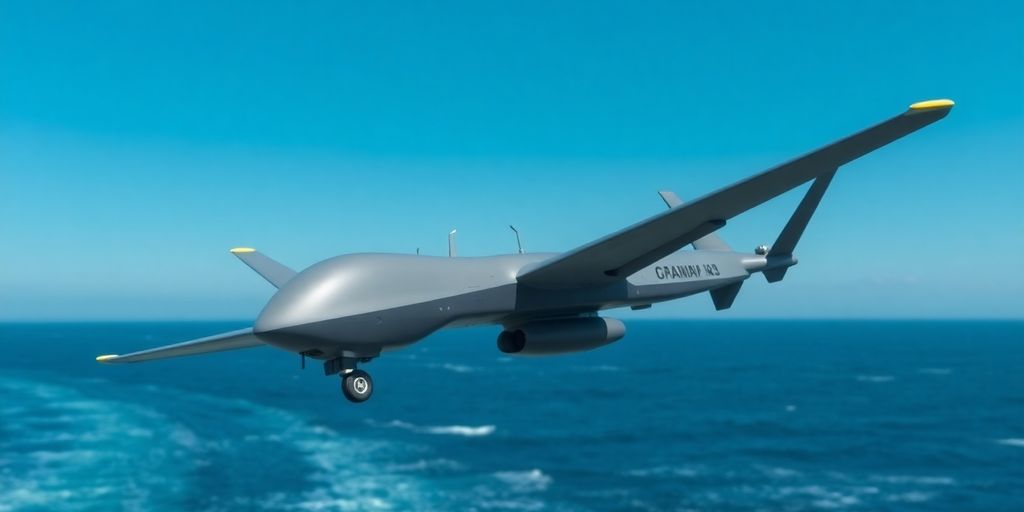 Drone militaire survolant l'océan.