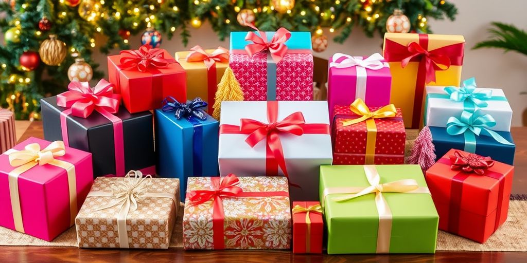 Colorful wrapped gifts on a cozy table setting.