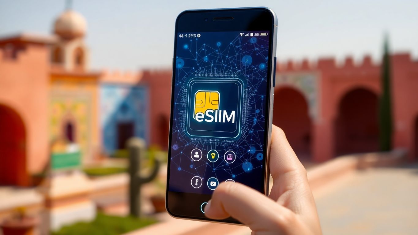Smartphone eSIM avec paysage marocain en arrière-plan.
