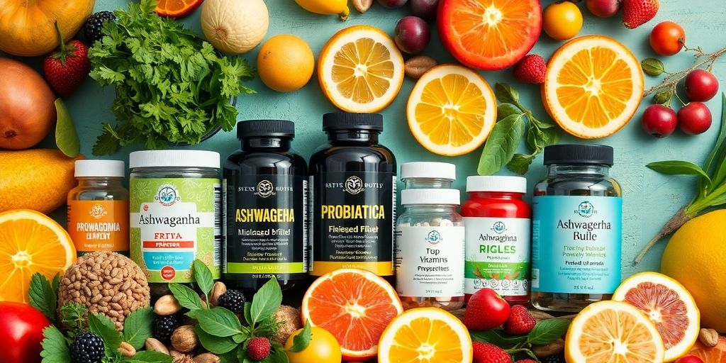 Colorful supplements with fruits and herbs for wellness.