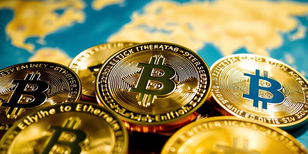 Digital coins spinning over world map.