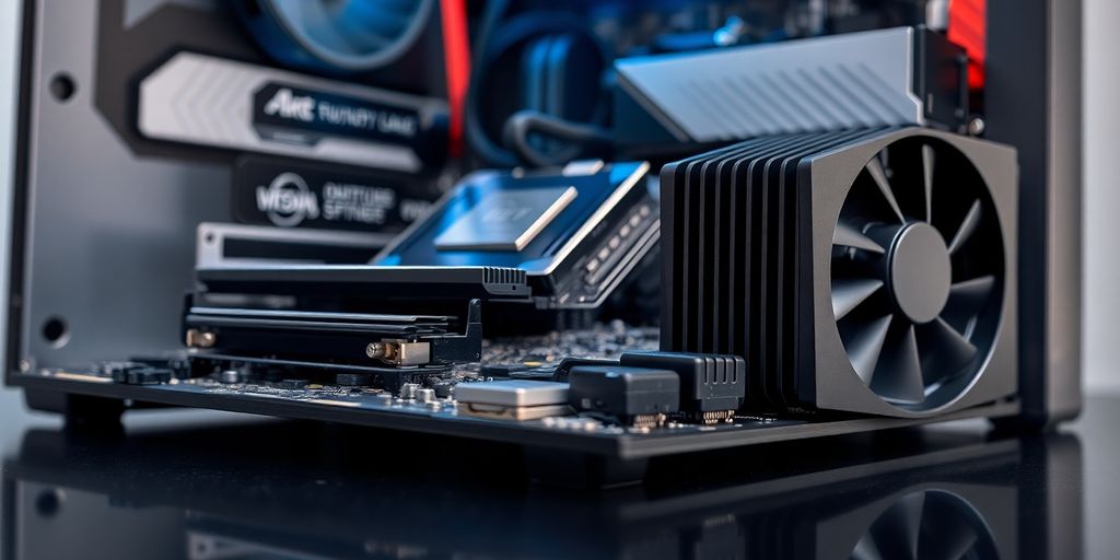 Nahaufnahme von PC-Komponenten auf einem Tisch.