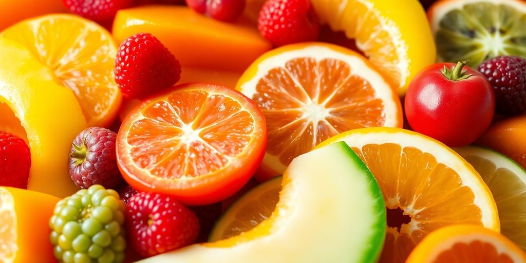 ผลไม้สดนานาชนิดจัดวางสวยงามน่ารับประทาน