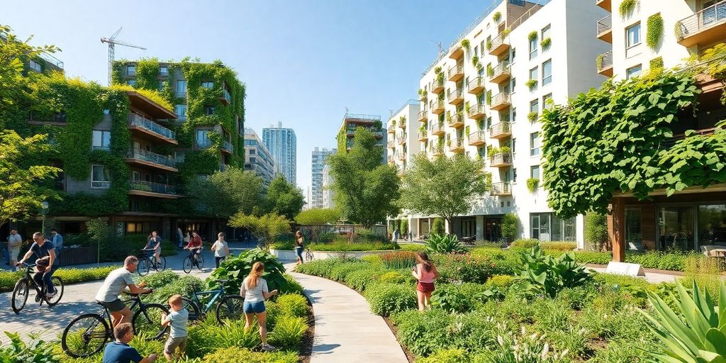 Sustainable urban landscape with eco-friendly buildings and greenery.