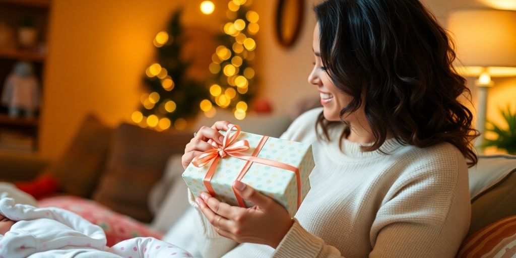 New mom joyfully receiving a gift card.