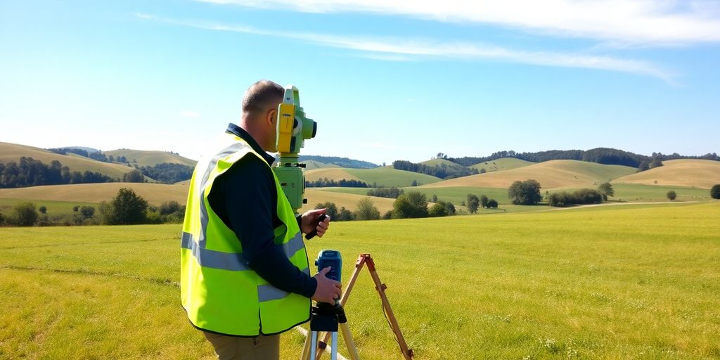 Surveyor measuring land with equipment.