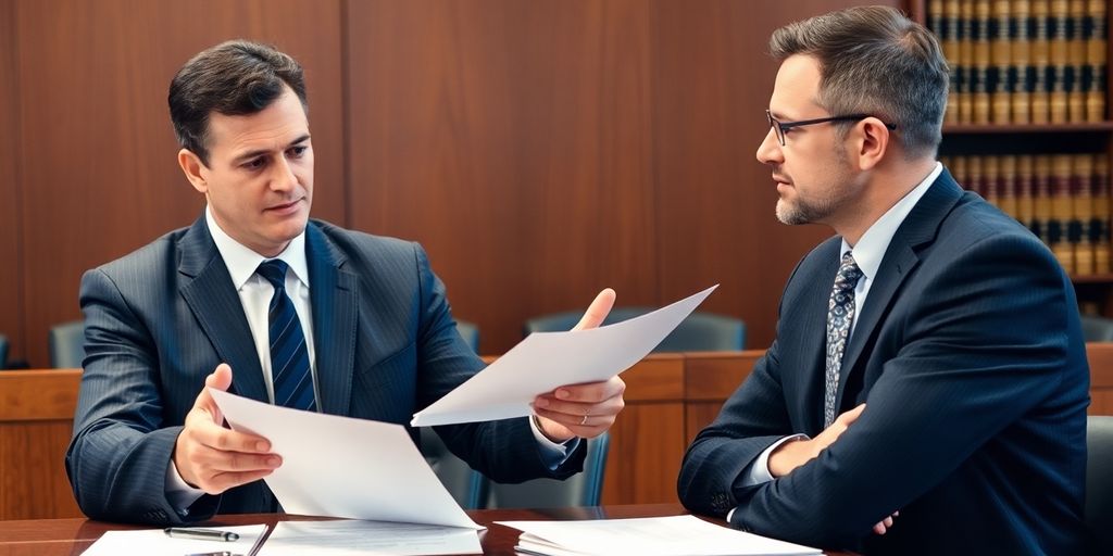 Lawyer consulting with client in a courtroom setting.