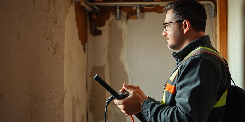 Technician inspecting water damage in a building.