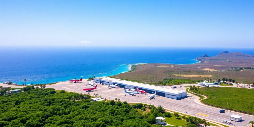 Aerial view of Cabo San Lucas Airport with airplanes.