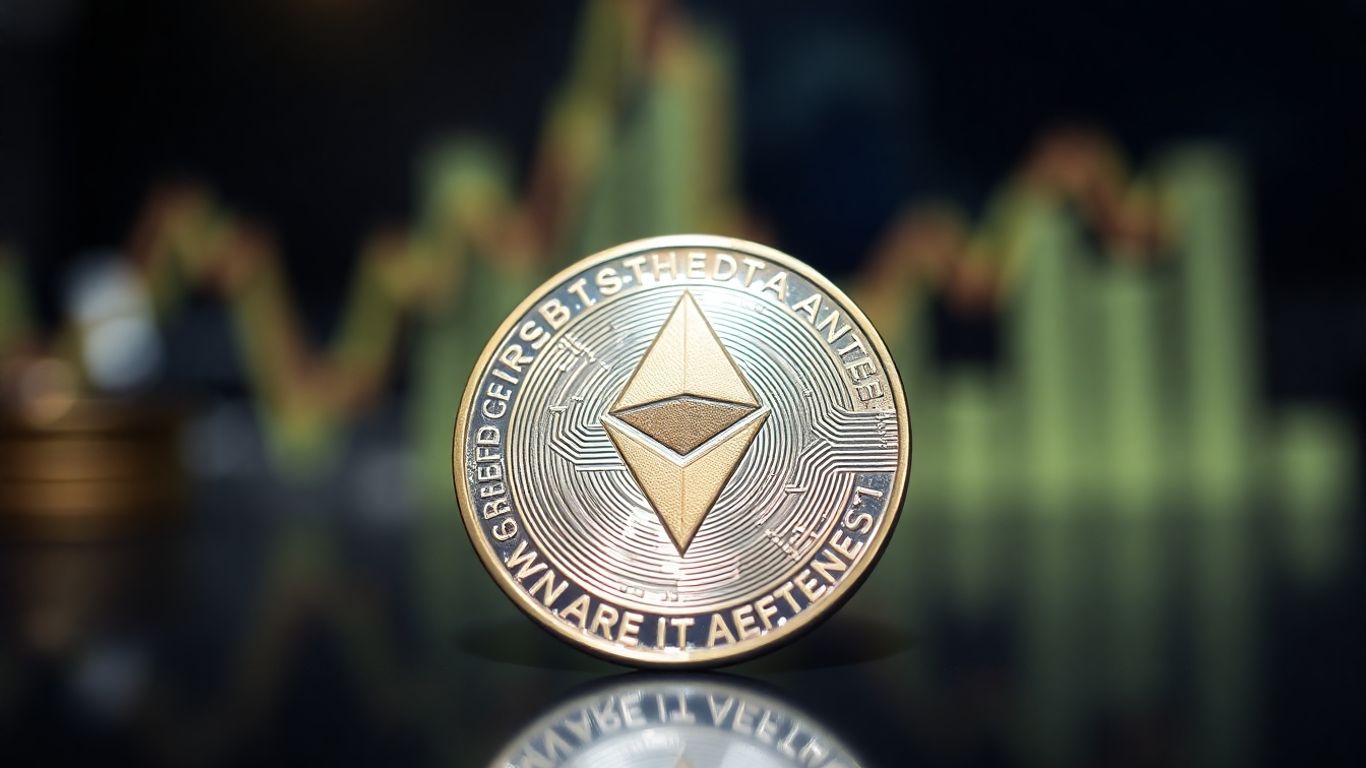 Digital currency coin with a modern financial background.