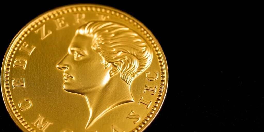 Monnaie en or de Napoléon sur fond sombre.
