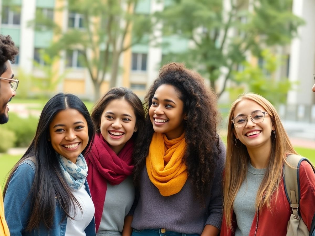 Diverse international students collaborating on campus.