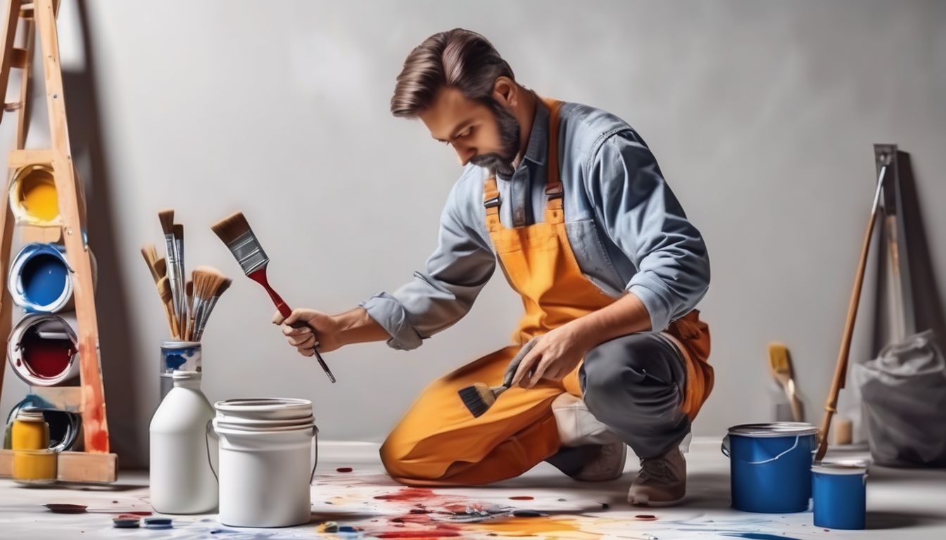 professional painter choosing paint and tools for wall painting