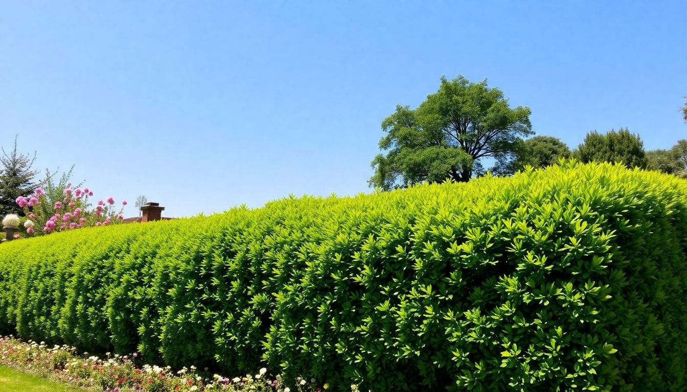 Well-trimmed hedge in a vibrant garden setting.