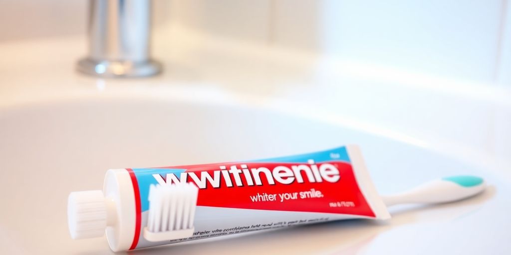 Whitening toothpaste and toothbrush on a bathroom counter.