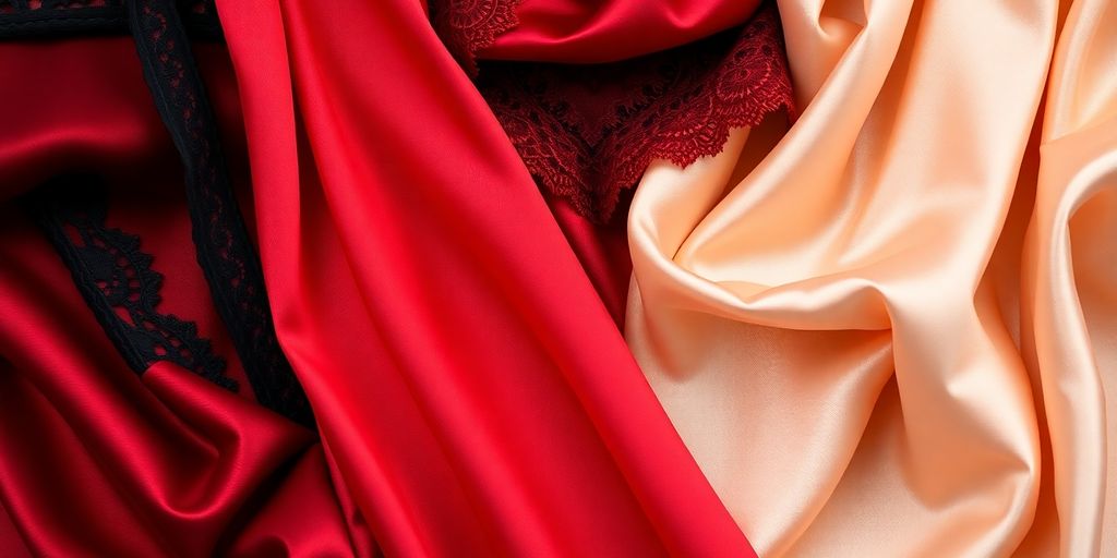 Assortment of luxurious, vibrant lingerie fabrics and textures.