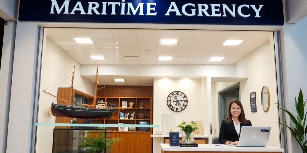 Maritime agency office with ship model and decor.