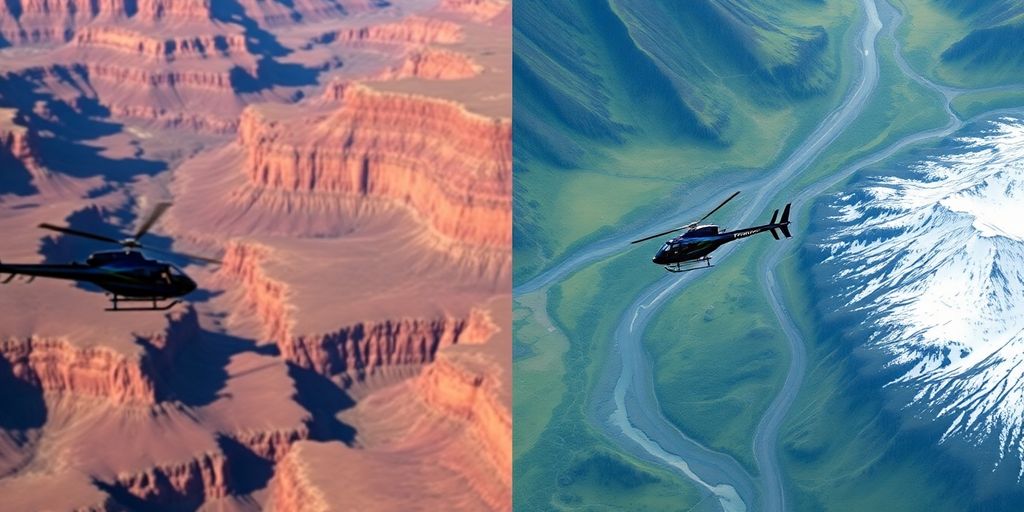 A helicopter flies over the Grand Canyon and Alaskan wilderness.