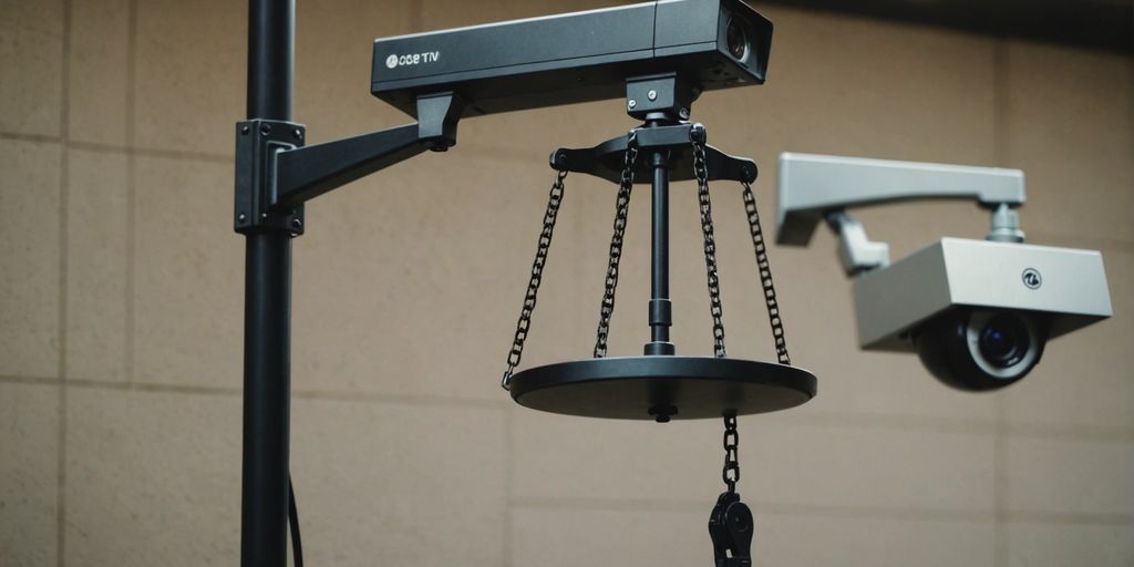 CCTV camera and justice scales representing legal considerations