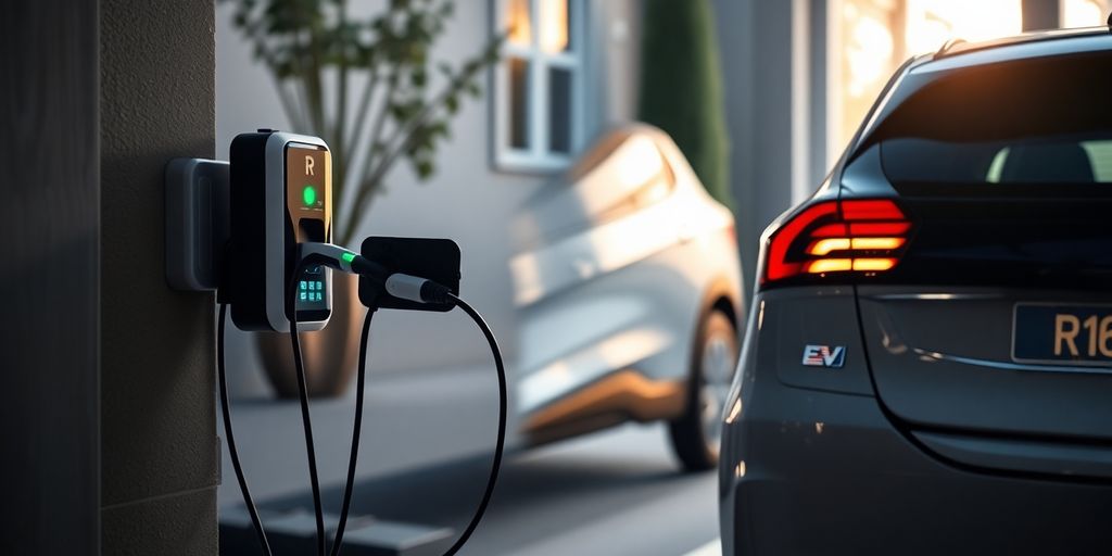 Electric car charging at a home garage.