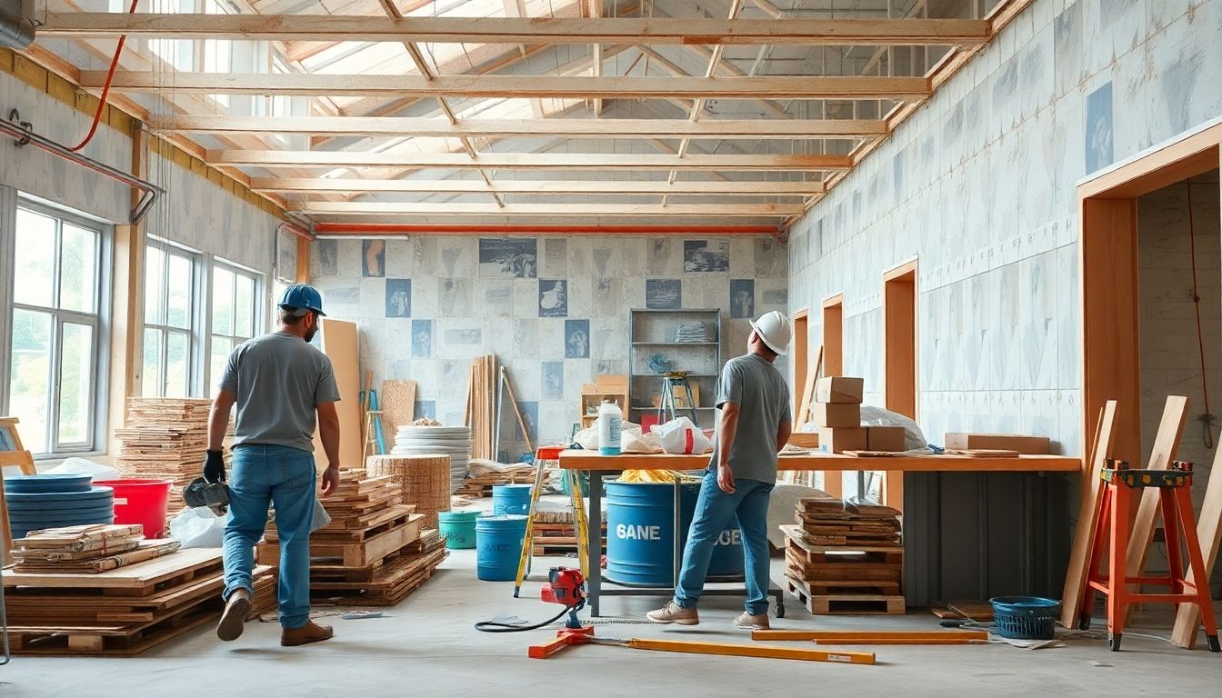Construction site with tools and workers engaged in refurbishment.